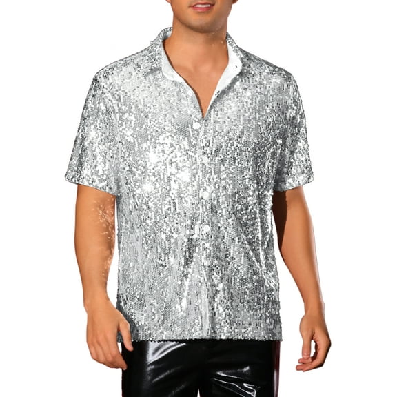 INSPIRE CHIC Sequin Dress Shirt for Men's Short Sleeve Button Down 70s Disco Costume Party Shirts S Silver