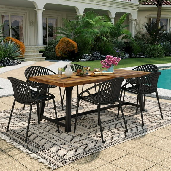 Christopher Knight Home 7-Piece Outdoor Patio Dining Set with Wood Rectangle Table & 6 Stackable PP Chairs, Black