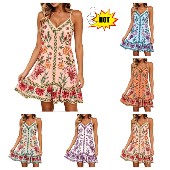 DISKEBUISS Boho Dresses for Women Fashion Print Adjustable Spaghetti Strap Dress Summer Casual & Beach Vacation