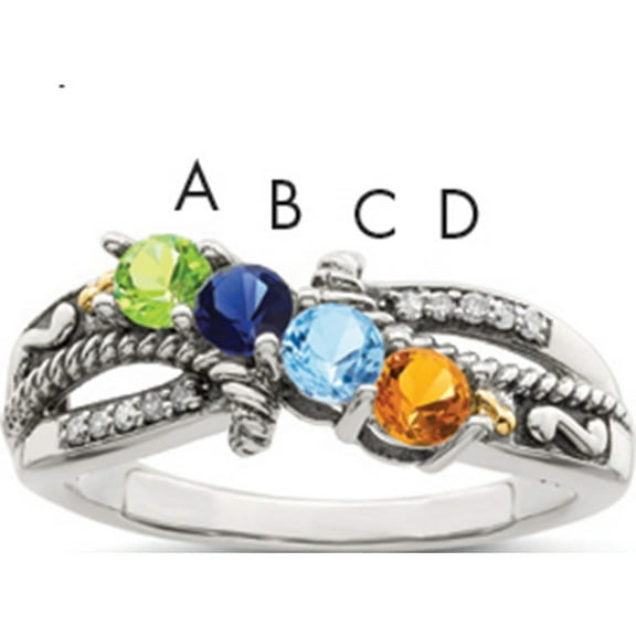 14K/Silver Two-Tone Sterling Silver & 14K Four-Stone And Diamond Mother's Ring Semi-Mount (Size 7) Made In Thailand qmr39/4-7