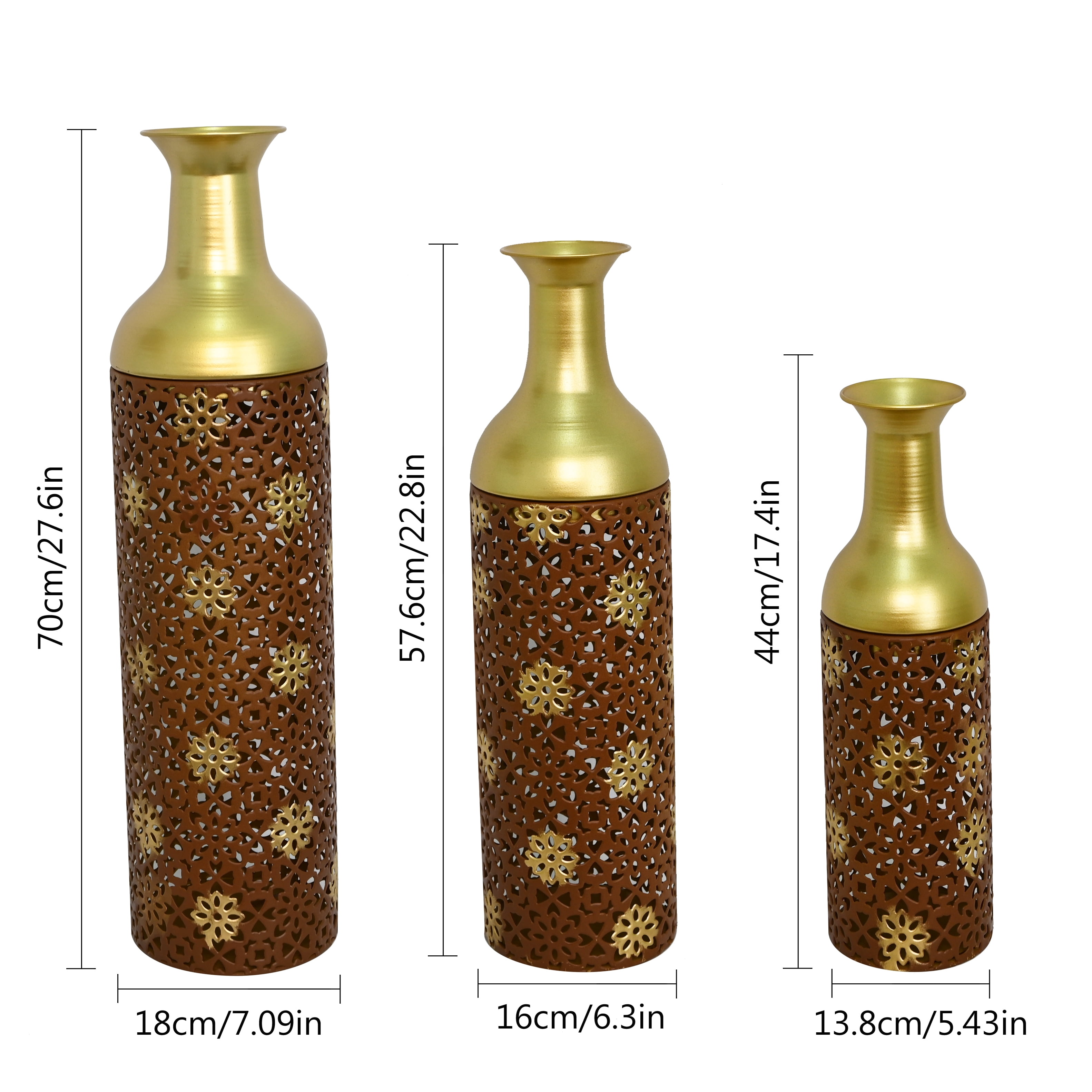 Metal Floor Vases Set of 3 with Leaf Pattern, Tall Decorative Vases and Home Decor Accents for Living Room Entryway, Rustic Brown