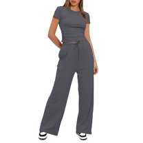 Zoeecloth Women T-Shirt Top   Pant Suits Solid color Top 2Pcs Outfits Short Sleeve Top High Waist Long Pants with Pockets 2 Piece S-XXXL