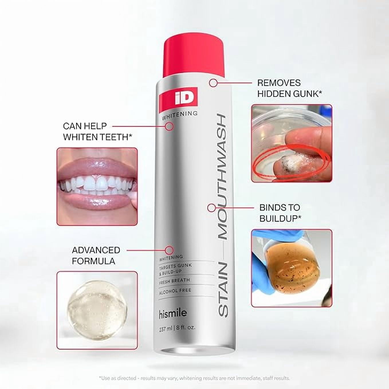 Hismile iD Stain Whitening Mouthwash, Gunk Removing Mouthwash for Fresh Breath, Hydrogen Peroxide Mouthwash to Promote Whiter Teeth, Peroxide Rinse with Essential Oils 237ml