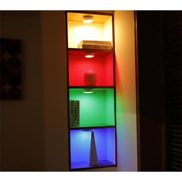 UKLL-Puck Lights Battery Operated with Remote,Under Cabinet Lighting Wireless,7 Colors RGB LED Puck Lights Dimmable, Push Lights for Closet,Kitchen,Under Counter Lights Display Shelf(4pack)