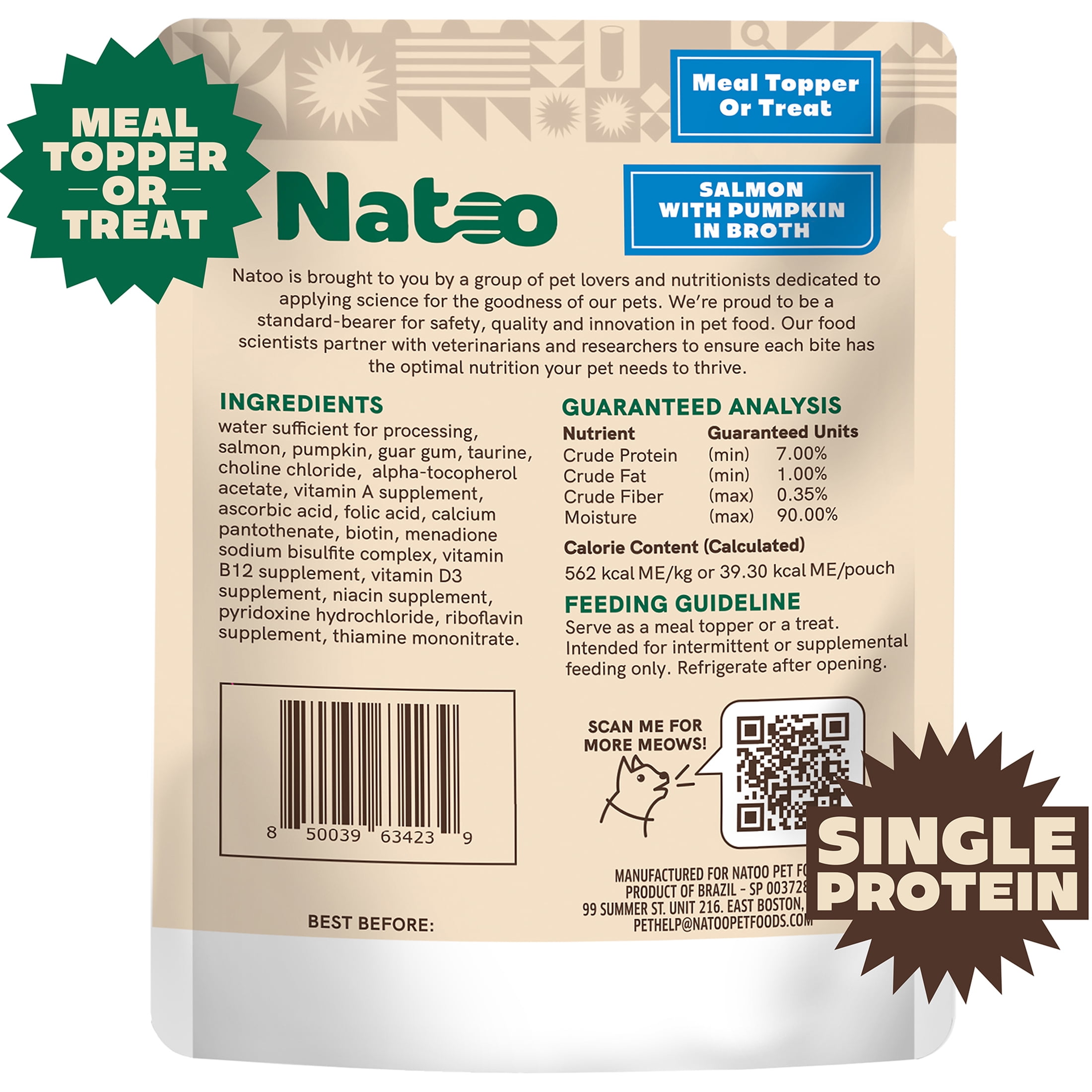 NATOO Cat Food Topper for Picky Eaters & Healthy Soft Cat Treat (Salmon & Pumpkin), Wet Food with Gravy, High Protein & Limited Ingredient, 2.4 oz (Case of 20)