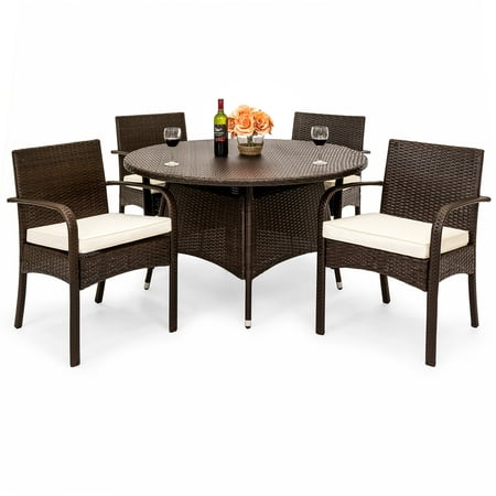 Round Wicker Chair Outdoor Best Choice Products 5-Piece Indoor Outdoor Patio Wicker Dining Set Furniture W/ Round Table, 4 Chairs, Cushions ()