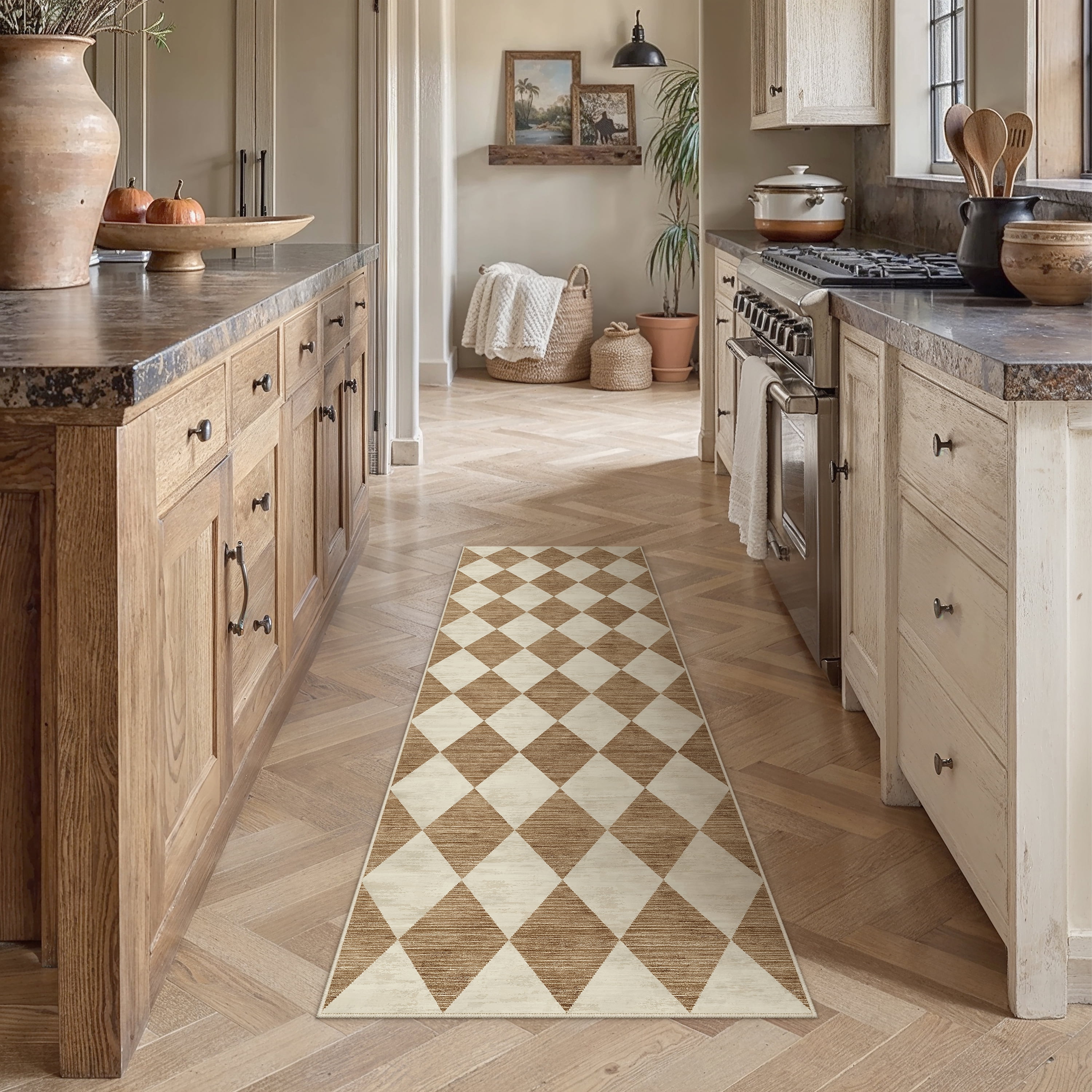 BERTHMEER 2'x6' Runner Rugs for Hallway Bathroom Bedroom Entryway Kitchen Non Slip Geometric Modern Rhombus Checkered Contemporary Washable Indoor Runner Rugs, Brown