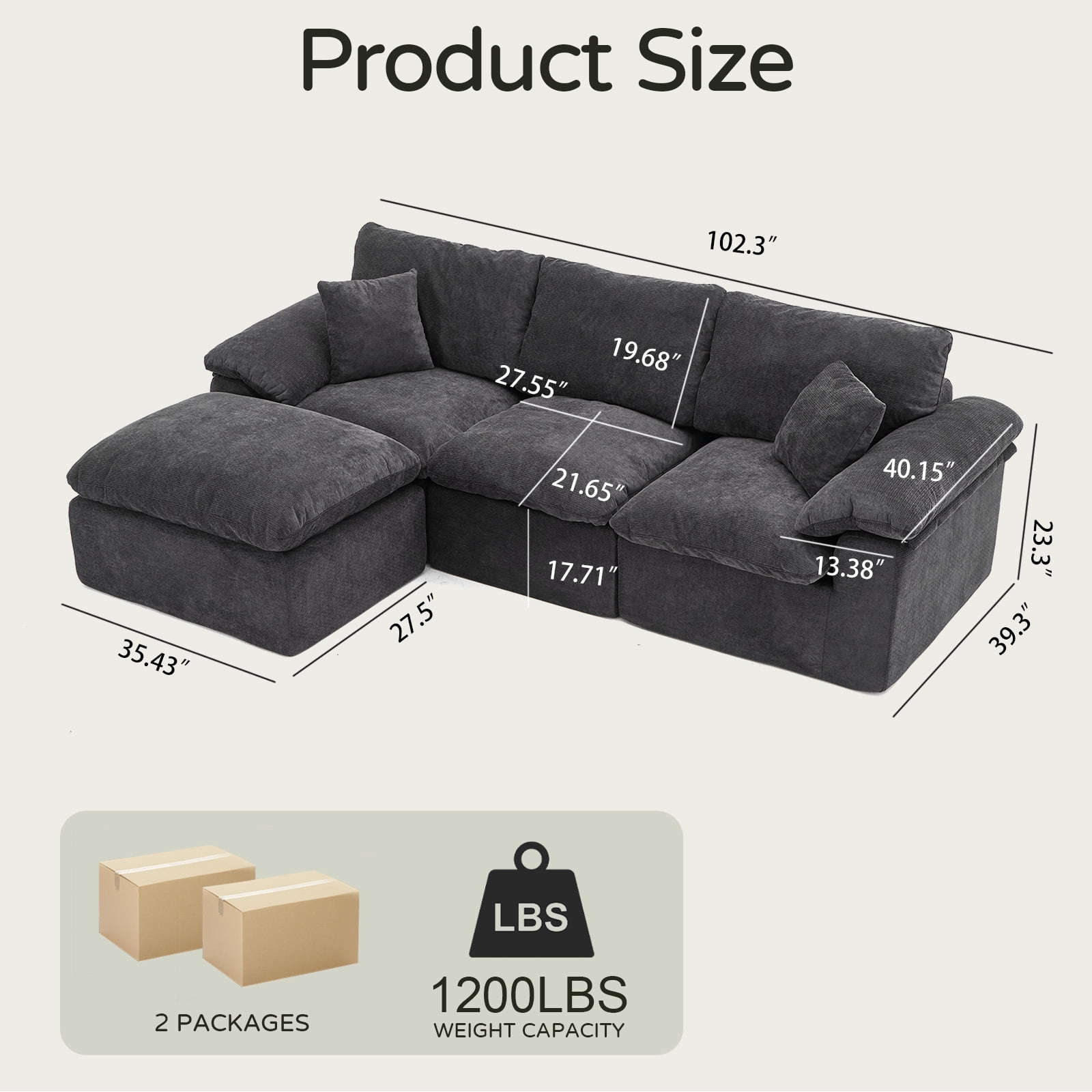 Aisword 102.3" Modular Sectional Sofa,Oversized Cloud Couch with Movable Ottoman,L-Shaped Convertible Boneless Sofa,Deep Seat Chenille Sectional Couch for Living Room,Black
