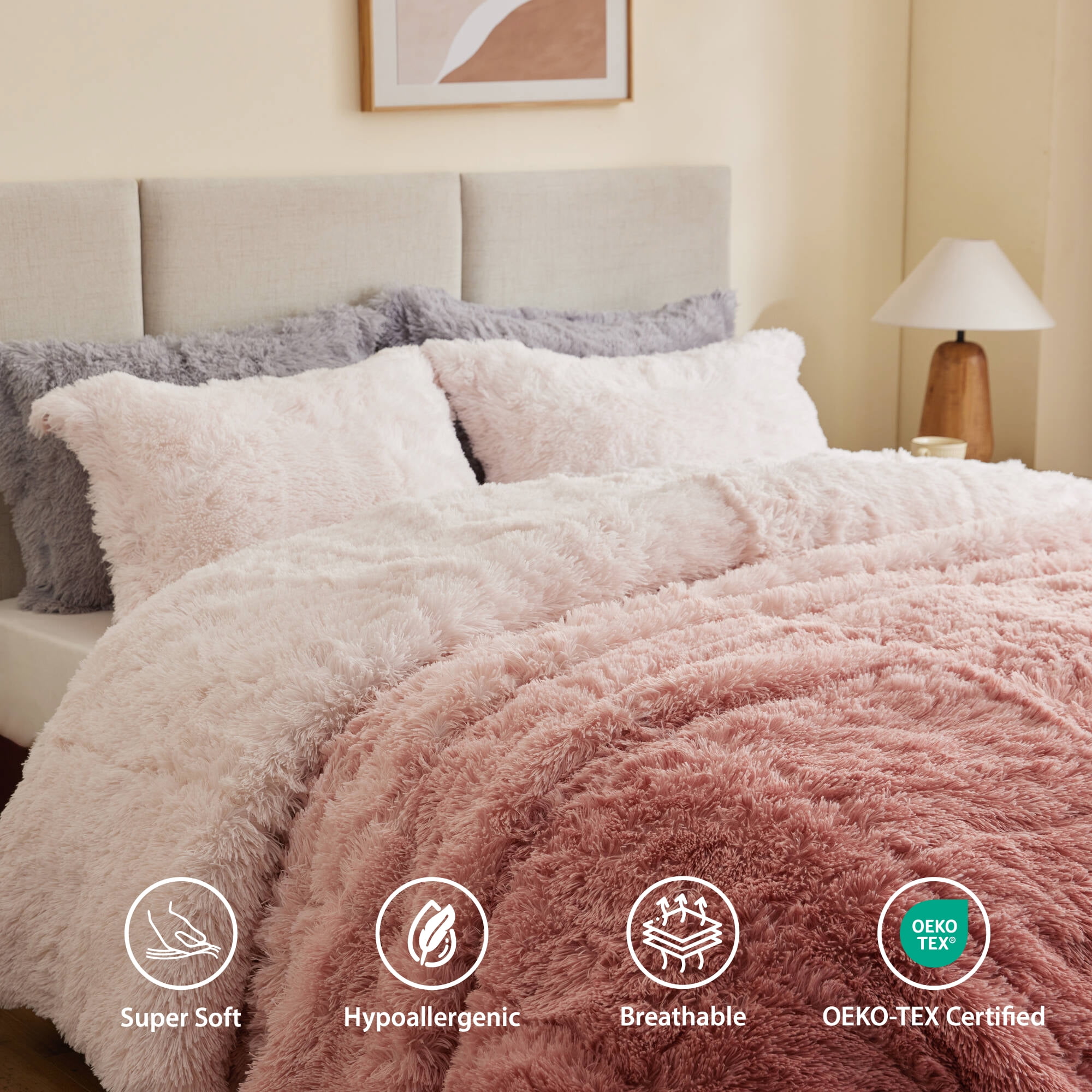 Intelligent Design King/Cal King Shaggy Faux Comforter Set, Long Fur Wave Spring Comforter Bedding Set, 3-Piece Striped Ombre Design Warm Bed Set, Blush