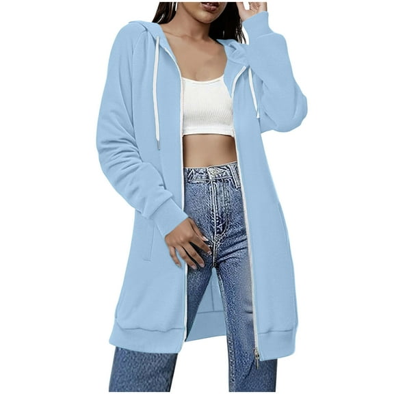 qucoqpe Women 2025 Fall Outfits Full Zip Long Sleeve Hooded Cardigan Sweaters Solid Drawstring Sweatshirts Outwear Coats