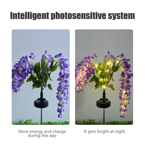 2-Pack Artificial Solar Wisteria Flowers – 23.6in Outdoor Waterproof LED Light String With Bigger Solar Panel, Auto On/Off, 2 Flashing Modes