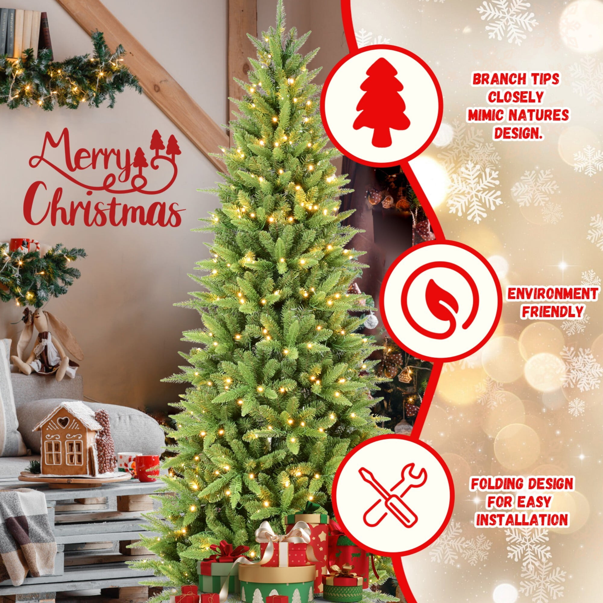 DEALTOPS 6 FT Pre-Lit Slim Christmas Tree with 300 Warm White LED Lights and 850 Realistic PE/PVC Tips
