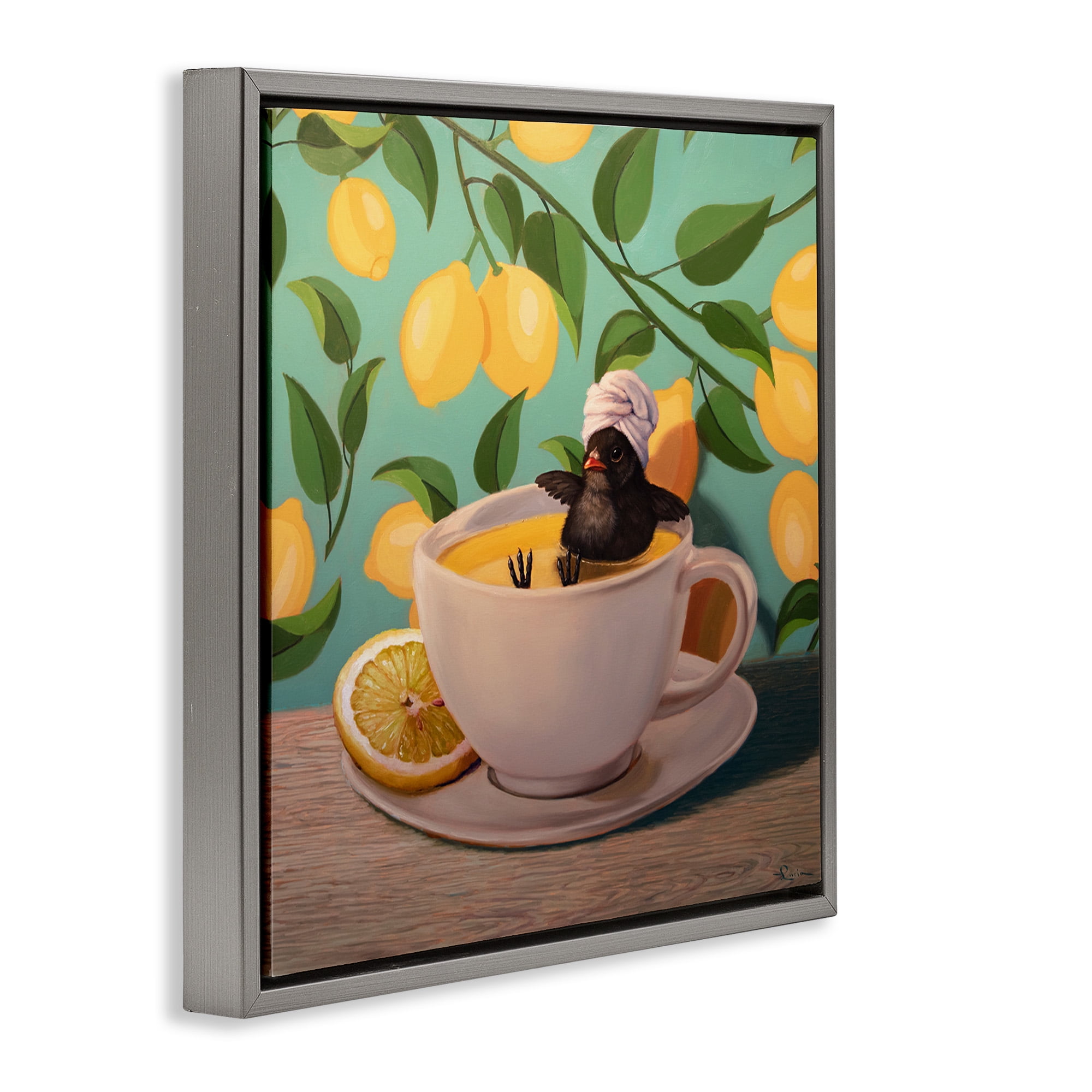 Stupell Industries Bird Bathing Lemon Tea Animals & Insects Painting Gray Floater Framed Canvas Art Print Wall Art, 18 x 18