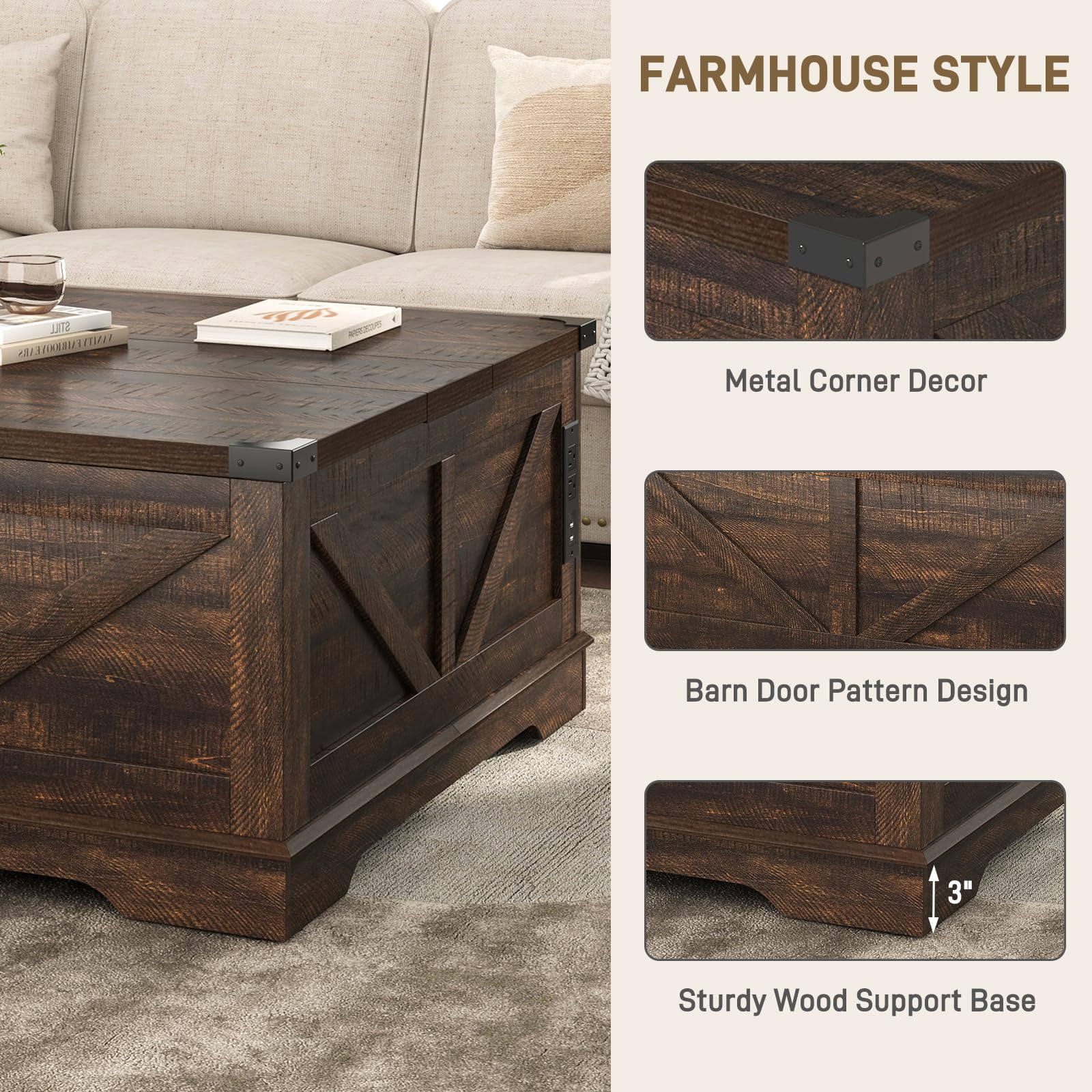 40" Large Farmhouse Lift Top Coffee Table with Power Outlets, Square Wood Living Room Table with Large Hidden Storage, Multi-Function Lift Wooden Barn Door Center Table, Brown