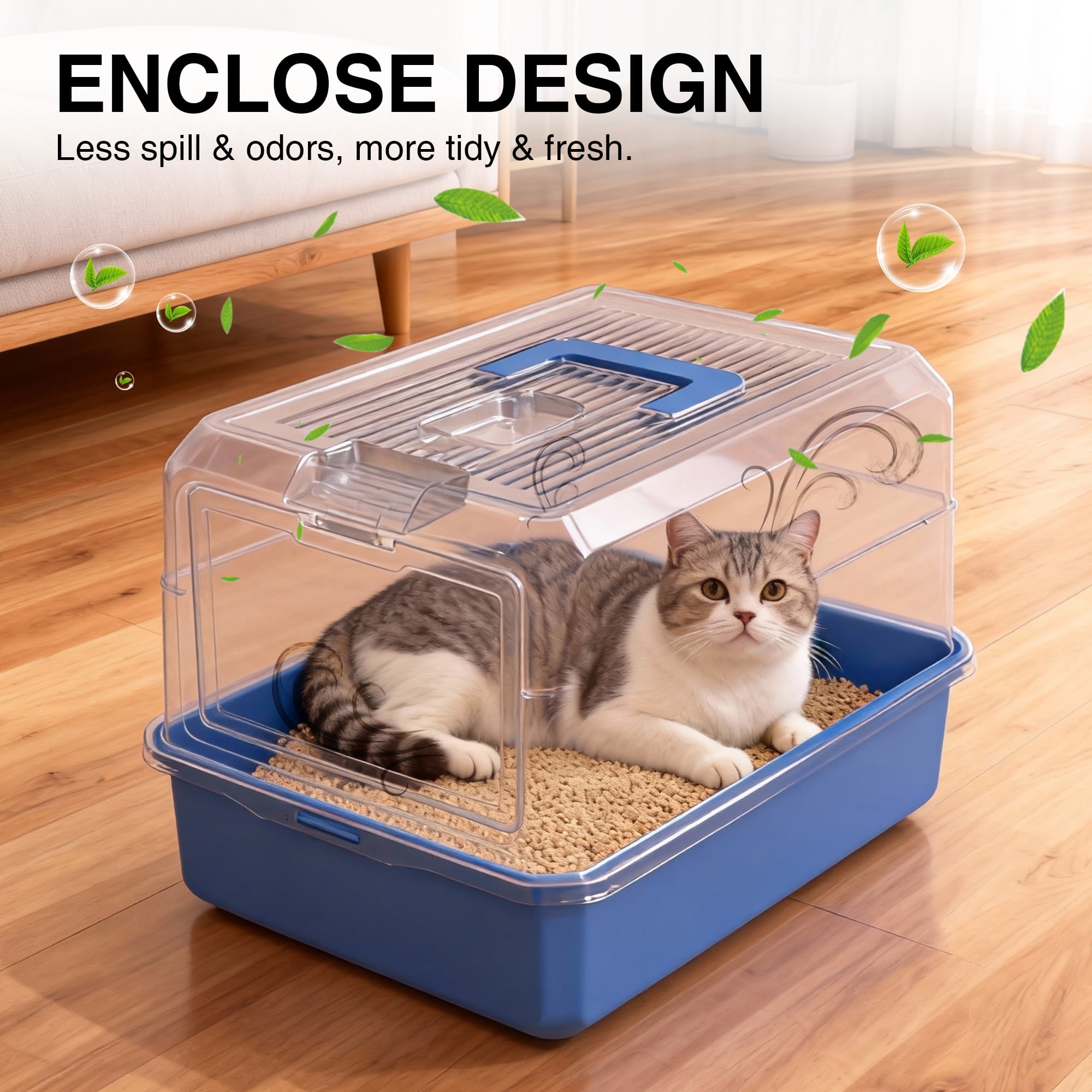 Cat Litter Box Enclosure Large Litter Box with Front Door Flap and Scoop Plastic Blue