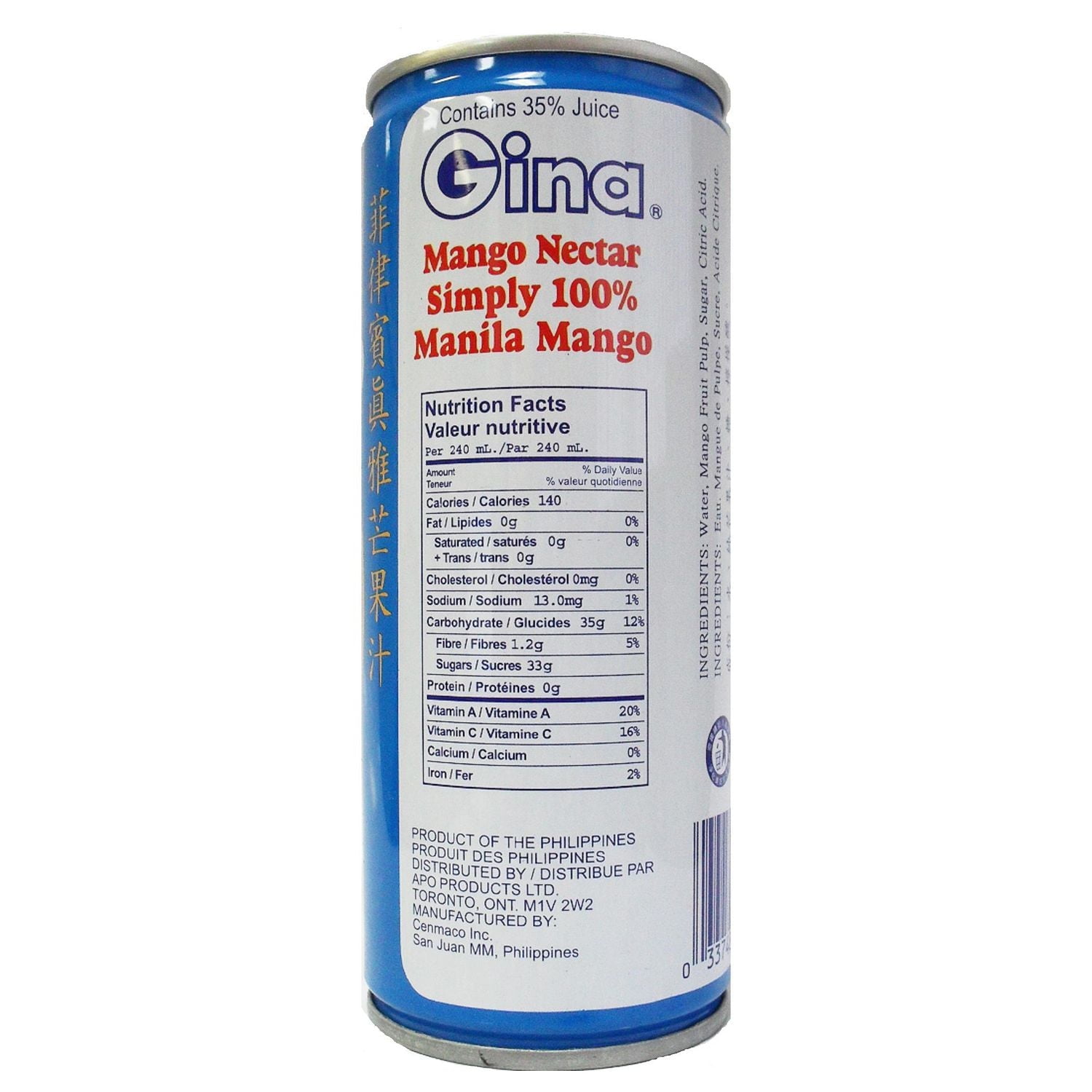 Gina Mango Nectar 240 ml par canette, jus de mangue, véritable purée de mangue 240 ml