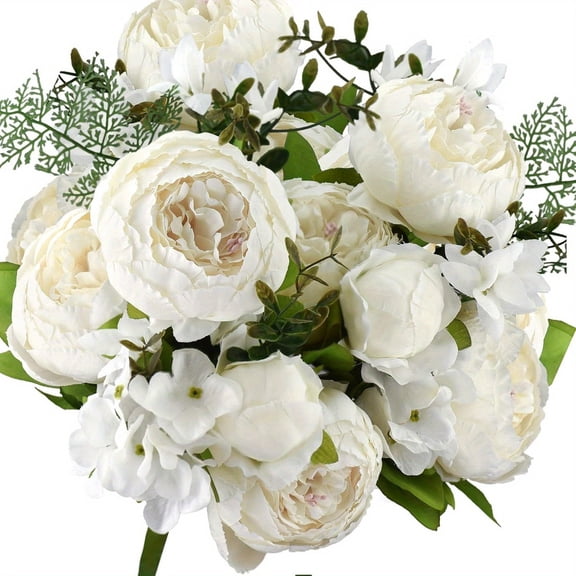 1 Pack White Vintage Artificial Peonies Peony Flowers and Hydrangeas for Wedding Bouquet Bridal Home Décor – Beautiful Floral Centerpiece Arrangement Decoration