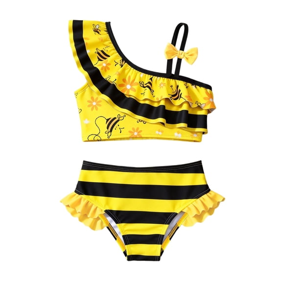 LIIPEE Girls Swimsuit Sets Casual Summer Stylish Ruffle Trim One Shoulder Adjustable Spaghetti Strap Cartoon Graphic Bikini Tops Shorts Two Piece Set Baby Toddler Cute Swimsuits,Yellow,18-24 Months