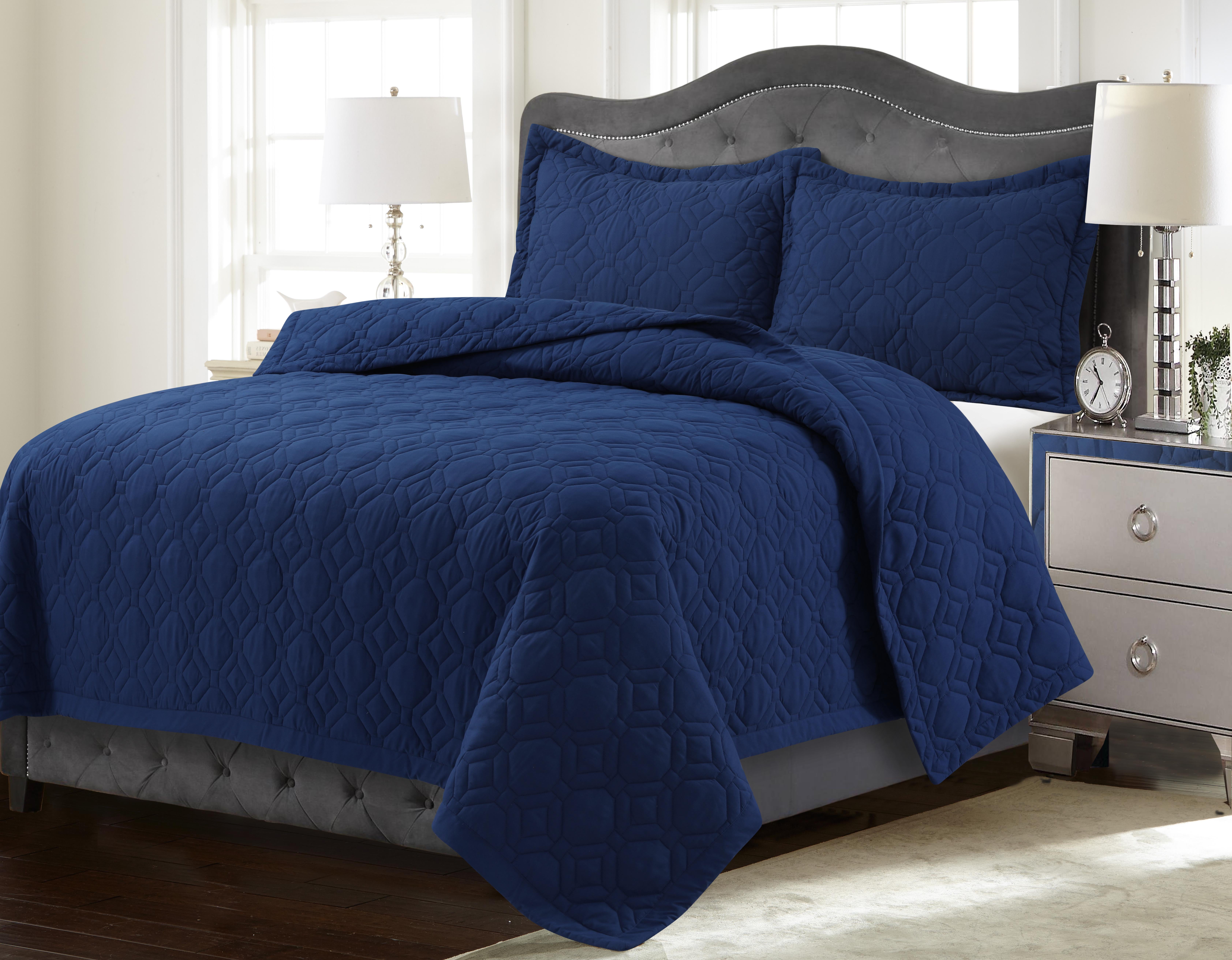 Tribeca Living Lyon Solid Oversized Quilt Set Queen Estate Blue