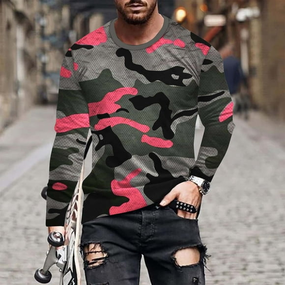 Meichang Long Sleeve T Shirt Men Tall,Mens Graphic Tees Trendy Camo Print T-Shirts Funny Crew Neck Comfy Long Sleeve Shirts for Men
