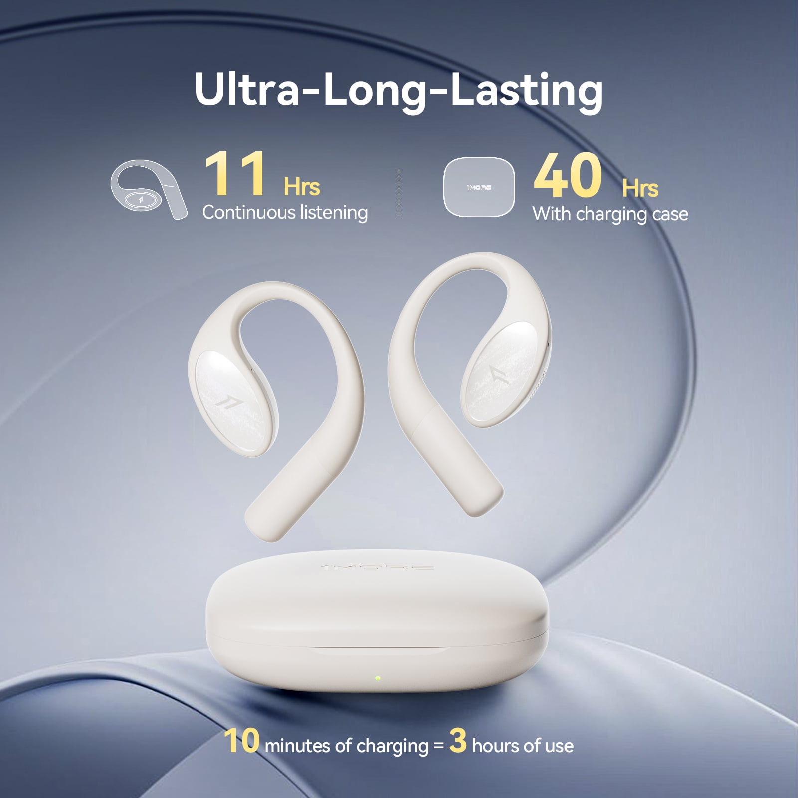 1MORE S51 Open Ear Wireless Headphones, Hi-Fi Sound, AI ENC Mic, Secure Fit Earhooks, IPX5, White