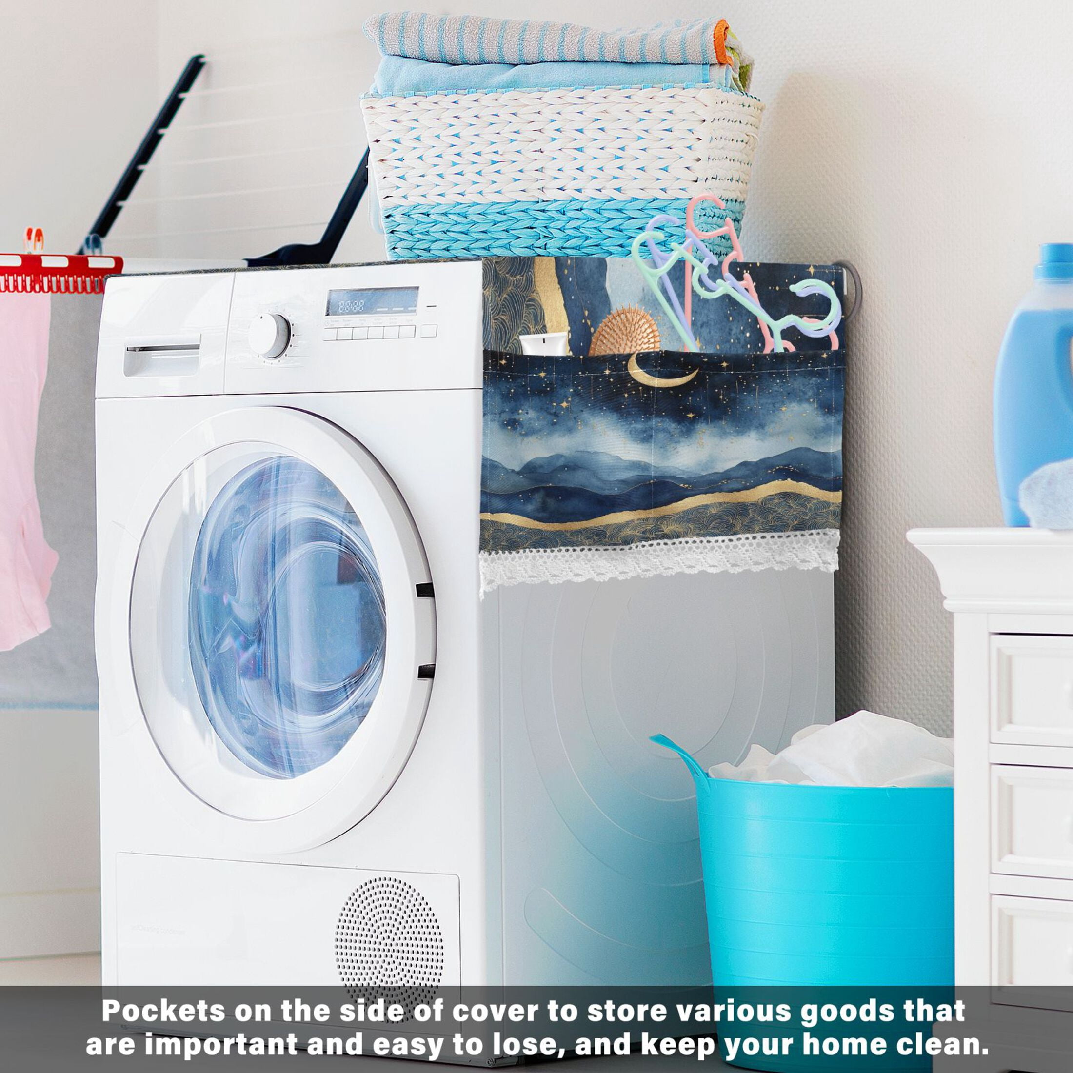 Washing Machine Cover 51.2x22in, Durable Polyester Dust Cover with Lace Trim and Side Pocket for Appliances Night Sky over The Sea