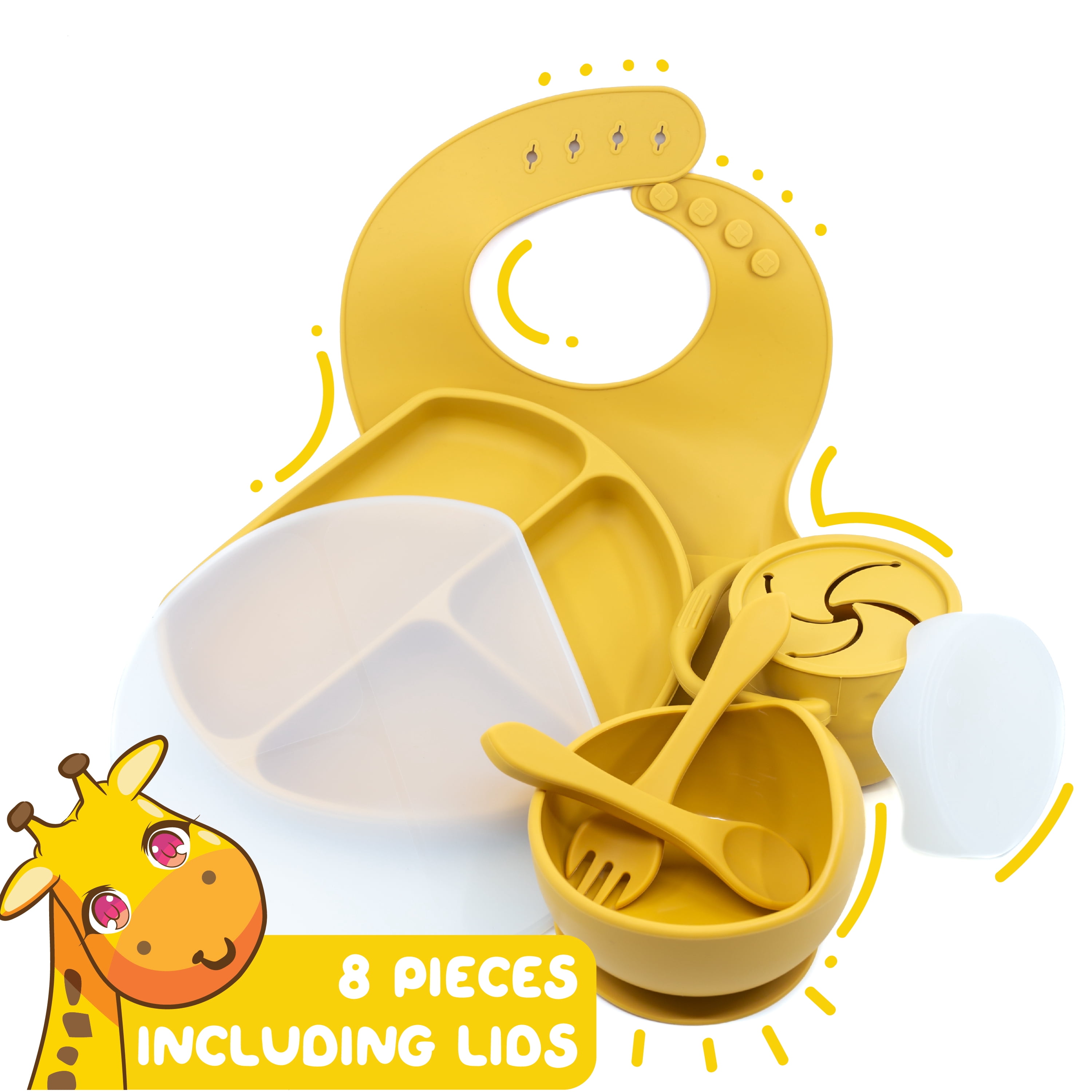 Muqee Peeko Mustard Yellow Silicone Baby and Toddler Feeding Set - Plate Set with Utensils (6 Piece Set)