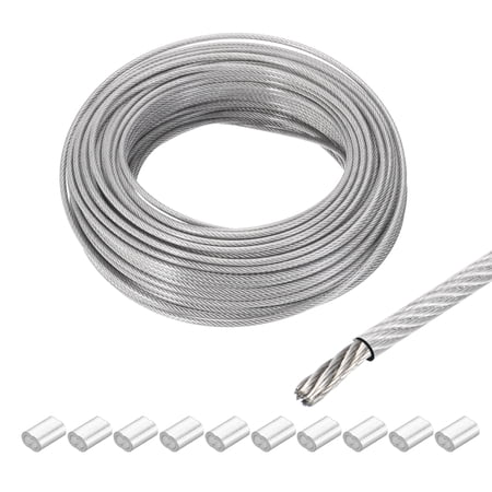 Uxcell 131Ft Wire Rope 304 Stainless Steel Cable 1/8 Vinyl Coated with 10Pcs Aluminum Sleeves for Hanging Transparent