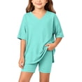 thumbnail image 2 of HOMBOM Big Girls Summer Outfits Casual Fashion Solid Color V Neck Short Sleeve T-Shirt and Shorts 2 Piece Set Age 4-15 Years,Mint Green,6-7 Years, 2 of 8