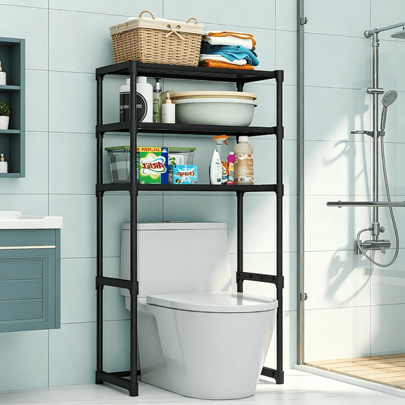 Over the Toilet Storage,3-Tier Over Toilet Storage Rack for Bathroom, Metal Bathroom Organizer Shelves Over Toilet, Waterproof,Space-Saving ,Black