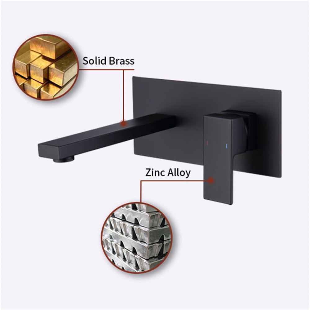 Tcbosik Wall Mount Faucet for Bathroom Sink or Bathtub, Single Handle Faucet with Brass Long Spout and 2 Holes, Rough-in Valve Included, Matte Black