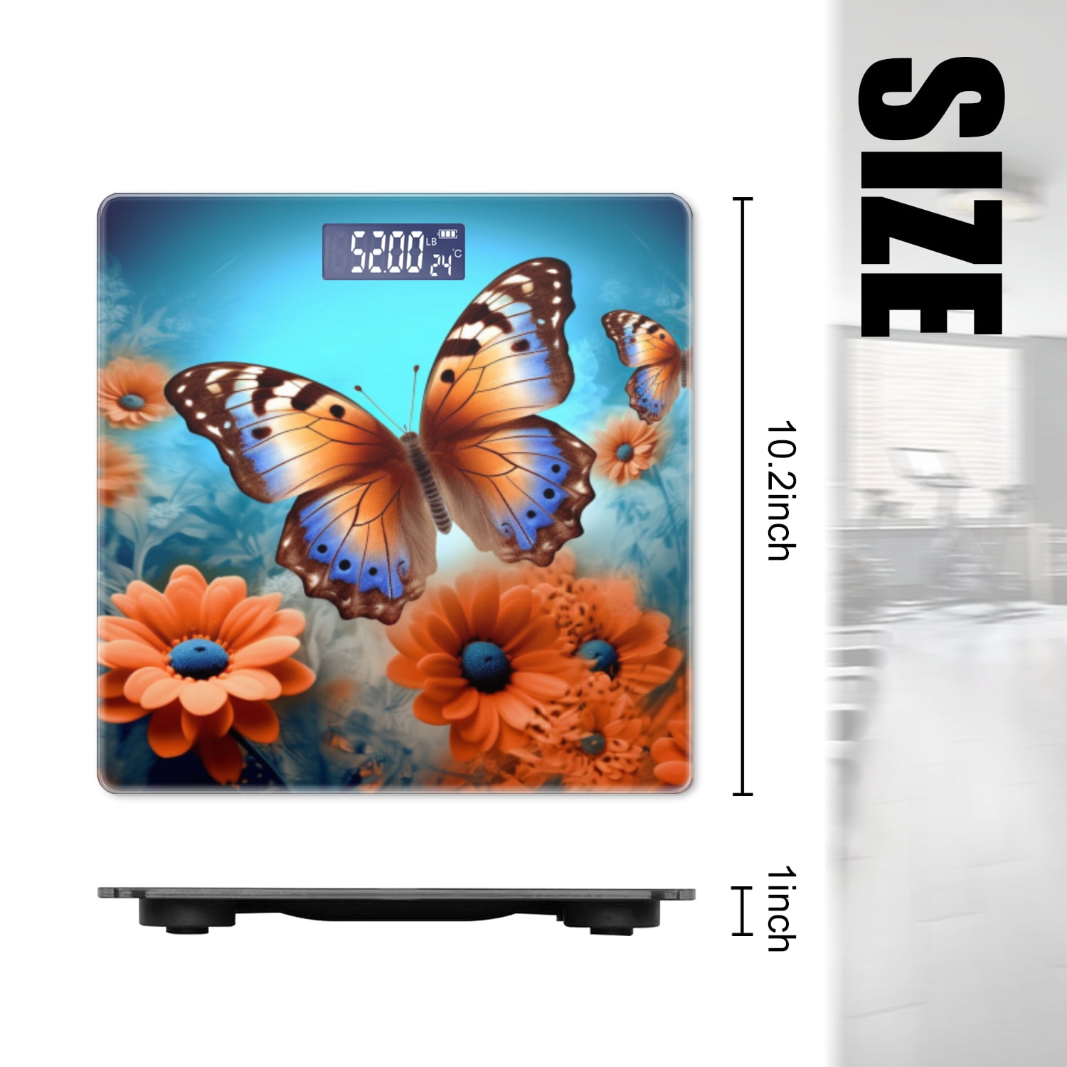 High Precision Body Weight Scale Smart Bathroom Scales with Large LCD Display(400lbs),Decorative for Bedroom-Blue And Orange Butterflies With Flowers In The Background