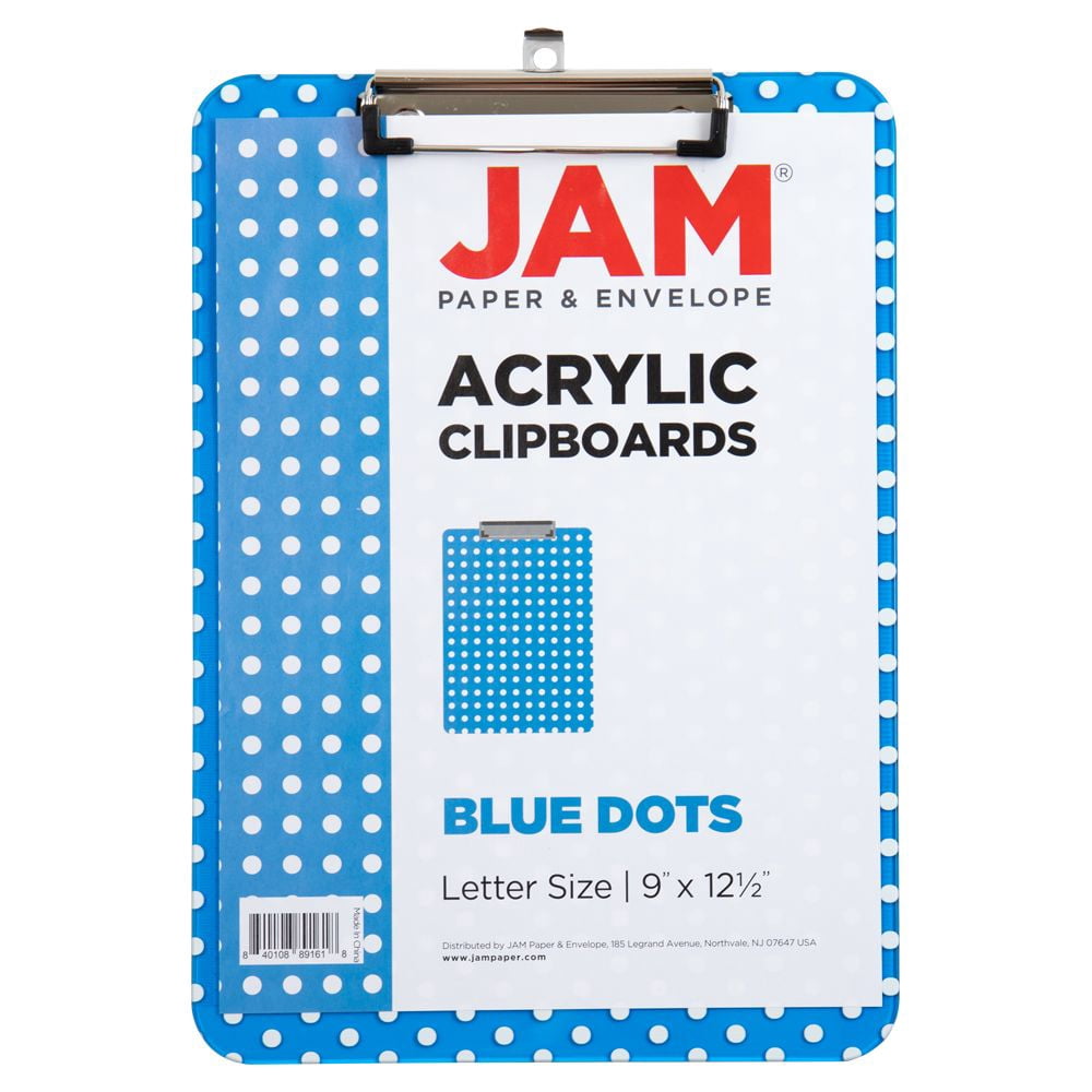 JAM Paper Plastic Clipboard, 9 x 12.5, Blue Polka Dot, 1/Pack