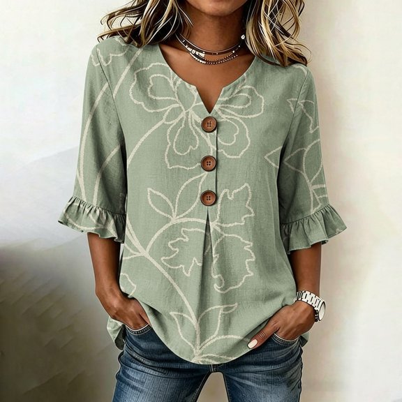 Favoffer Women's Linen Button Down Shirts Floral Graphic Short Sleeve V Neck Loose Fit Casual Summer Blouses for Office Work Weekend Outdoor