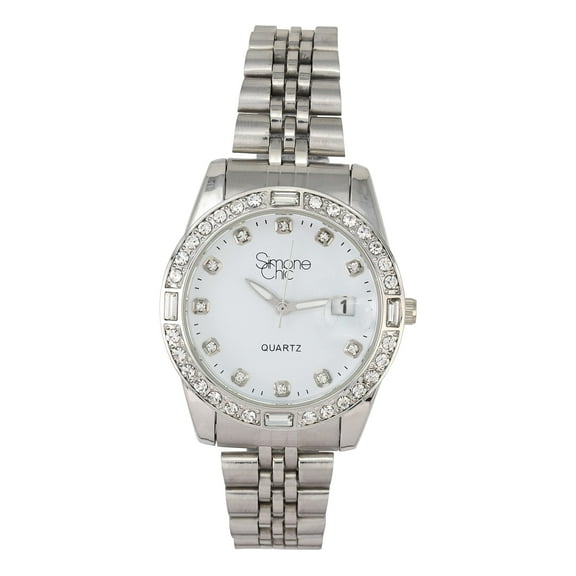 Women's Diamond & Gem Pave Fashion Rolly Timepiece - Colorful Dial w/Date and w/Matching Baguette Bling on Watch Trim - Look Like Da Bomb, When You Dance, Aye! - ST10415 Silver White
