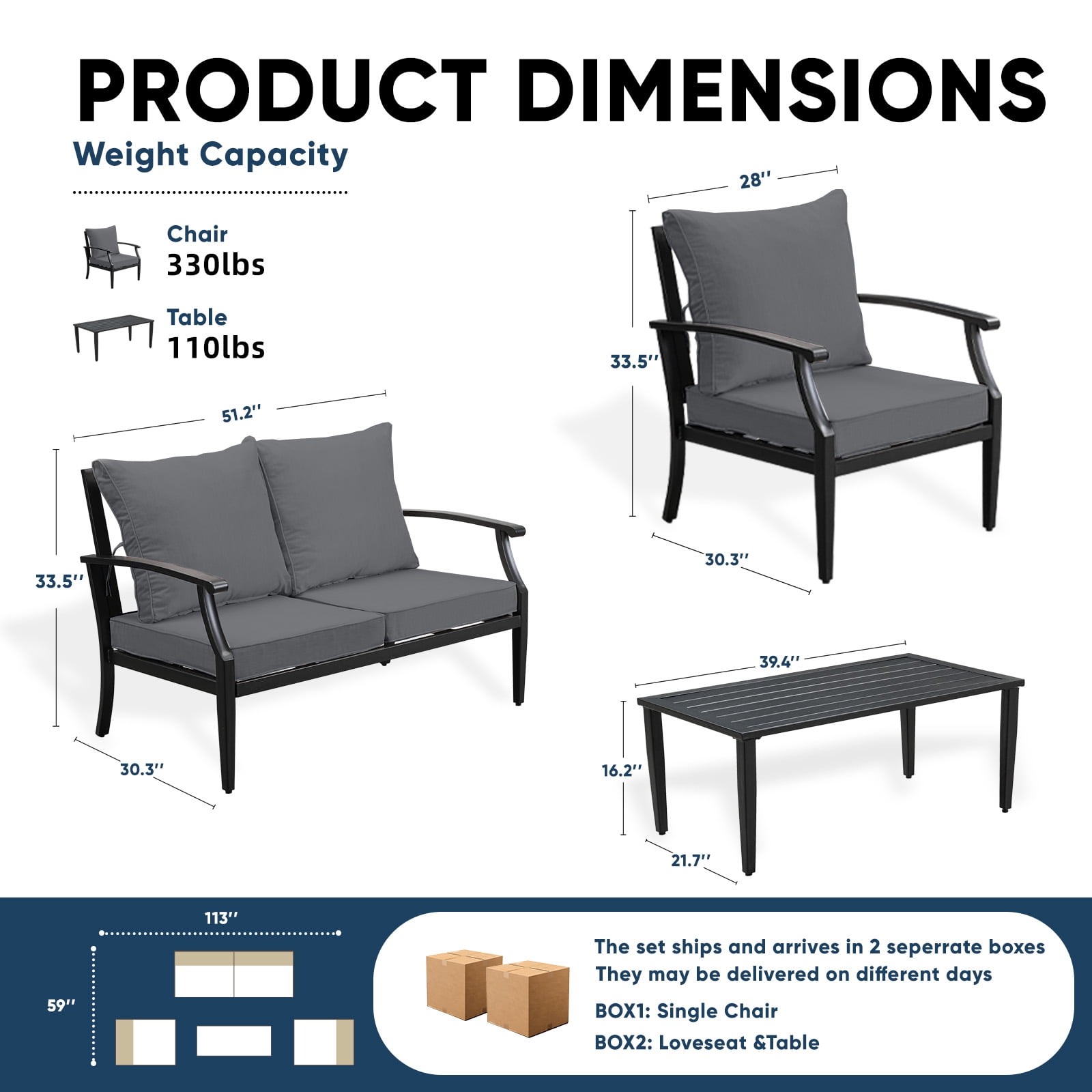 TerraRelax 4 Piece Outdoor Patio Furniture Set, Oversized Metal Conversation Set with High Back & Deep Seating, Water-Repellent Cushions, Coffee Table for Porch, Deck, Backyard, Grey