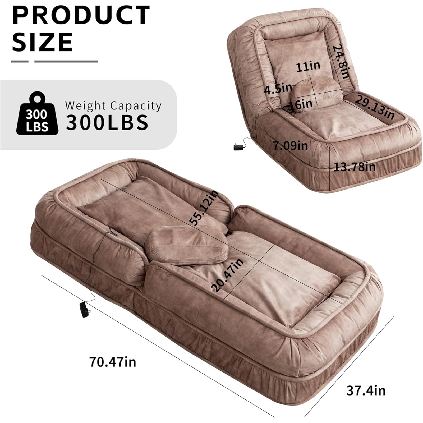 LEHZROAJ Velvet Upholstered Bean Bag Chairs,5-Position Adjustable 2 Soft Pillows Massage Floor Sofa,Multi-Functional  Human Dog Bed for Living Room(Brown)