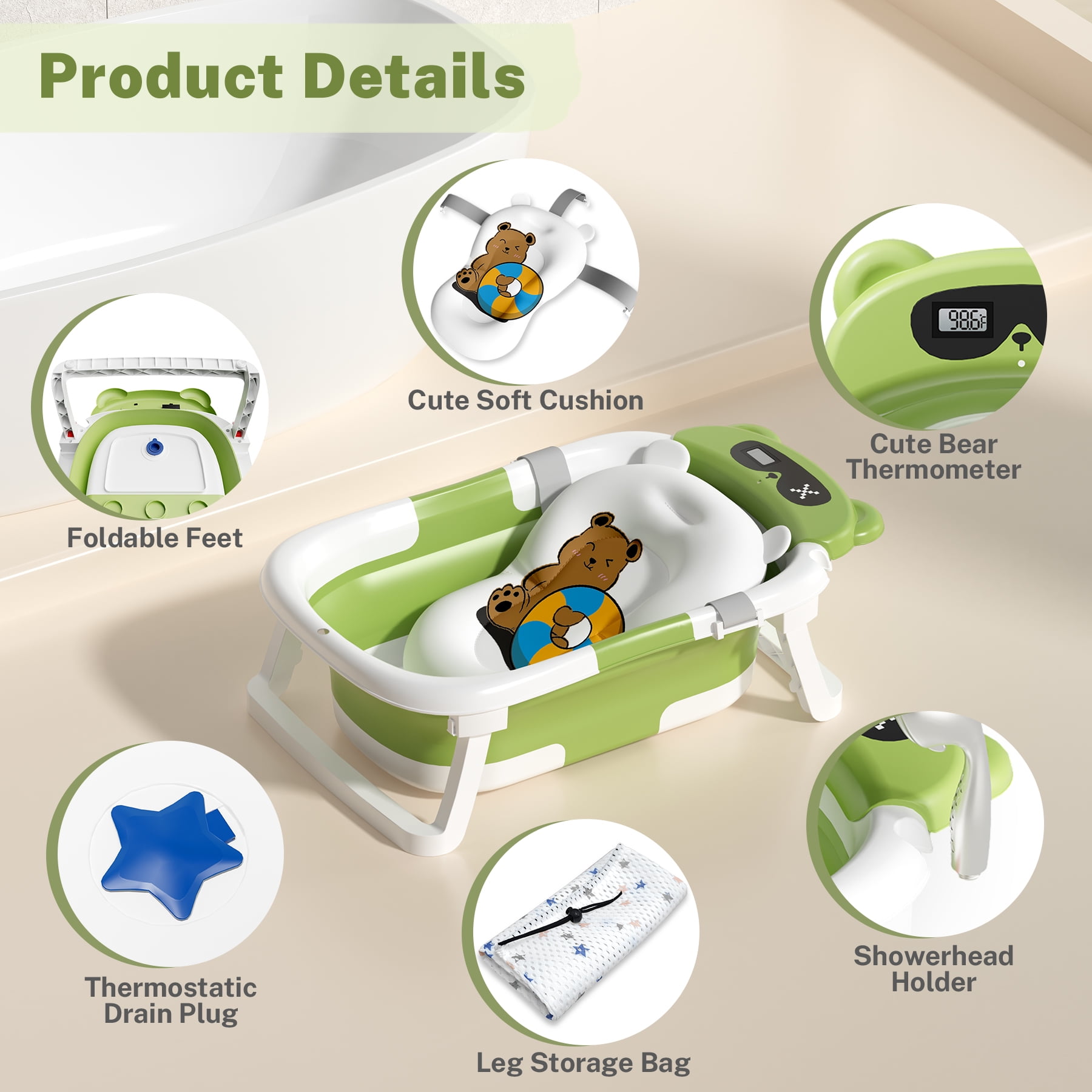 COOSEYA Baby Bathtub ,Collapsible Baby Bathtub , Bath Tub with Cushion and Thermometer ,Newborn to Toddler Portable Travel Multifunctional Bathing 0-2 Years (Bear/Green)