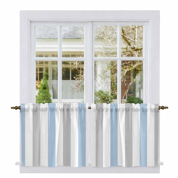 Light Blue Grey Stripe Tier Curtains, Modern Farmhouse Vertical Striped Light Filtering Kitchen Curtains, 2Pcs Rod Pocket Half Window Treatments Panels for Sink Cafe Cabinet Camper 27.5x36 Inches