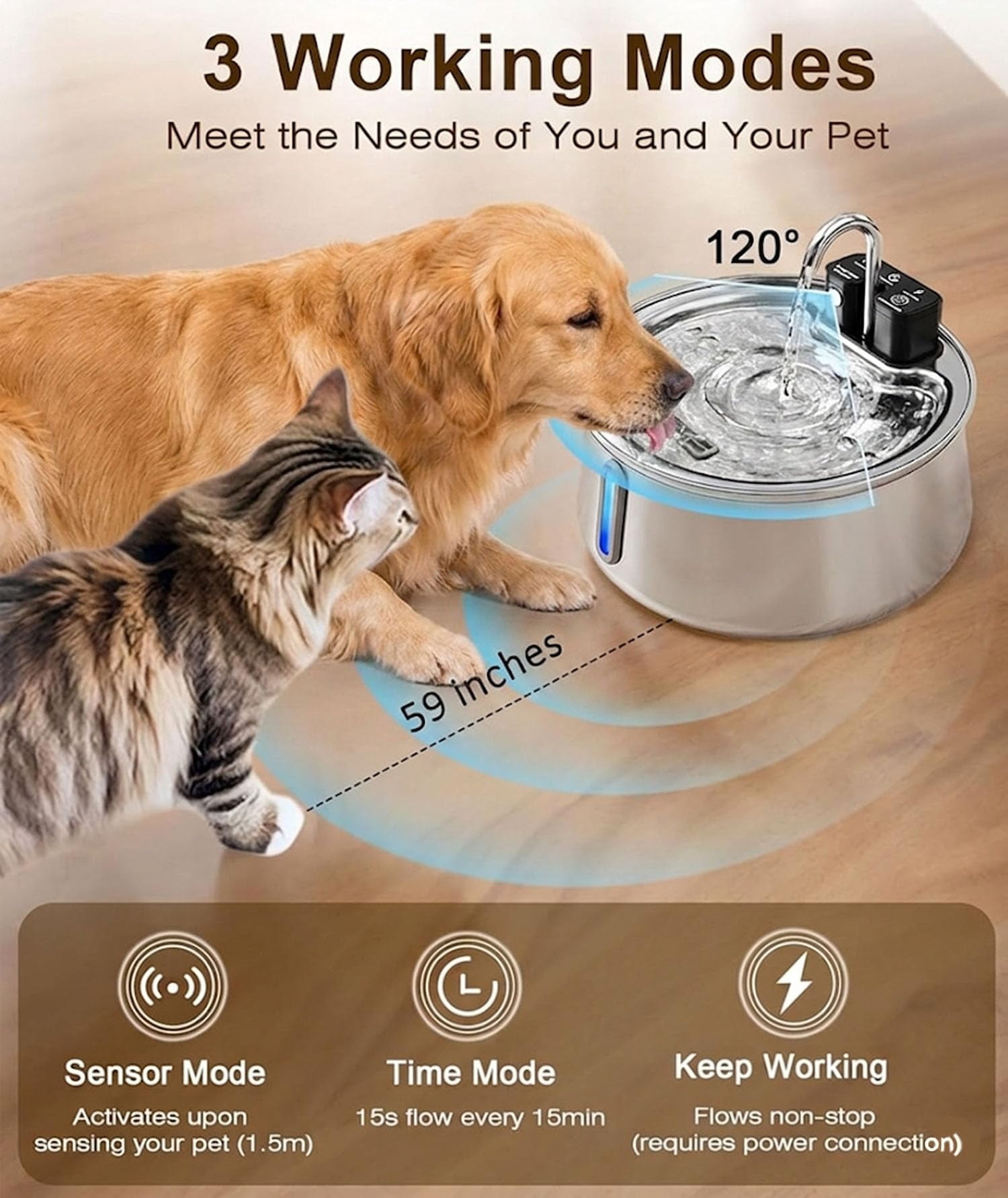 nuyezo Dog Water Fountain, 4L Quiet Floor with Filter, Stainless Steel Rechargeable Pet Water Fountain for Indoor Cats & Dogs
