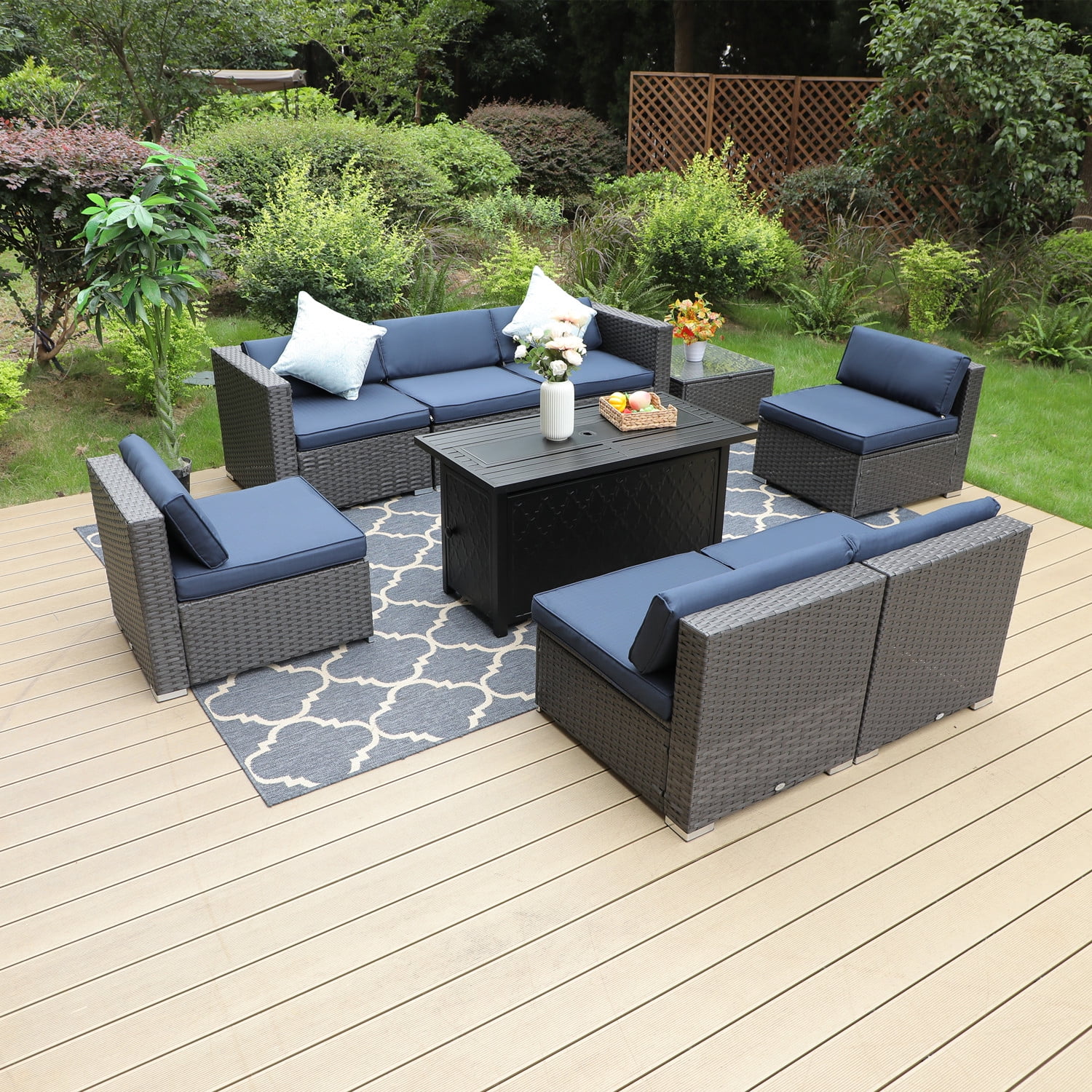 MF Studio 9 Piece Outdoor Sectional with Propane Fire Pit Table with