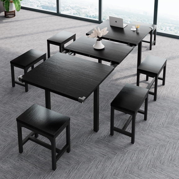 7-Piece Extendable Dining Table Set with 6 Stools, Modern 63" Space Saving Kitchen Table and Chairs for 4 to 8, Sturdy Metal Frame Dinette Set, Black