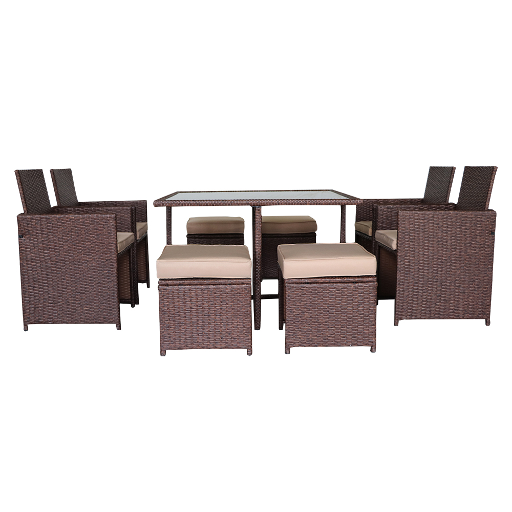 9 Piece Outdoor Patio Dining Set with 4 PE Wicker Chairs, 4 Ottomans, Glass Table, All-Weather Space Saving Rattan Outdoor Conversation Set with Cushions for Backyard, Lawn, Garden, Poolside, LLL163 - image 3 of 9