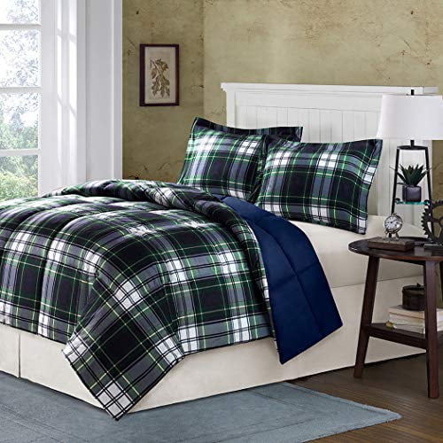 CA 2 Piece White Green Navy Blue Buffalo Checked Comforter Twin/Twin XL