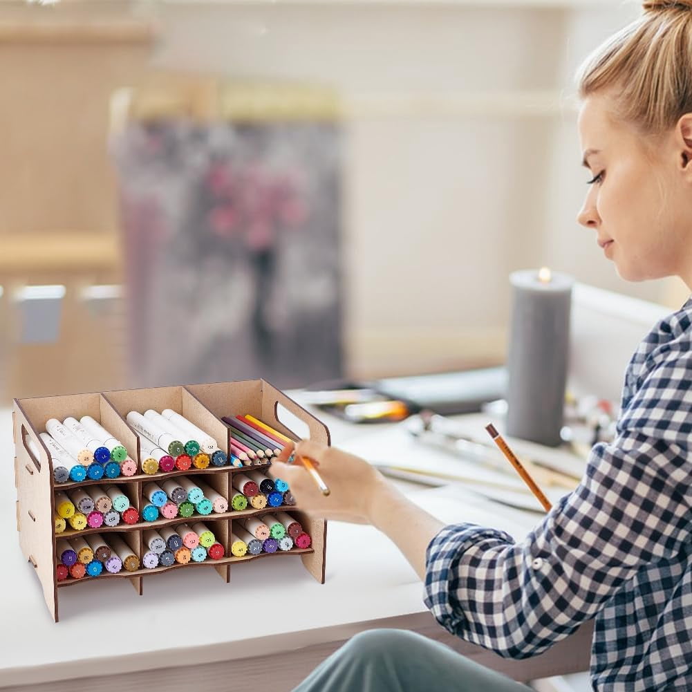 1set Wood Boards Pen Holder Desk Stand Organizer Holding Rack for Pens Paint Brushes Colored Pencils Markers BurlyWood 250x191x146mm