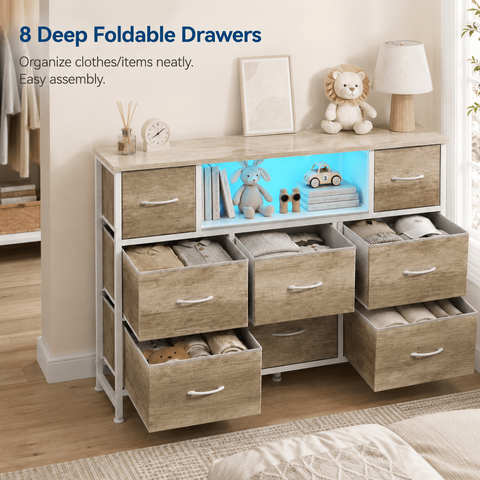 Alvantor Dresser TV Stand for 45, 50, 55 inch TV, Entertainment Center with LED Lights & Charging Station, Chest of Drawers with 8 Fabric Drawers and Open Shelves for Living Room, Hallway, Wood Top