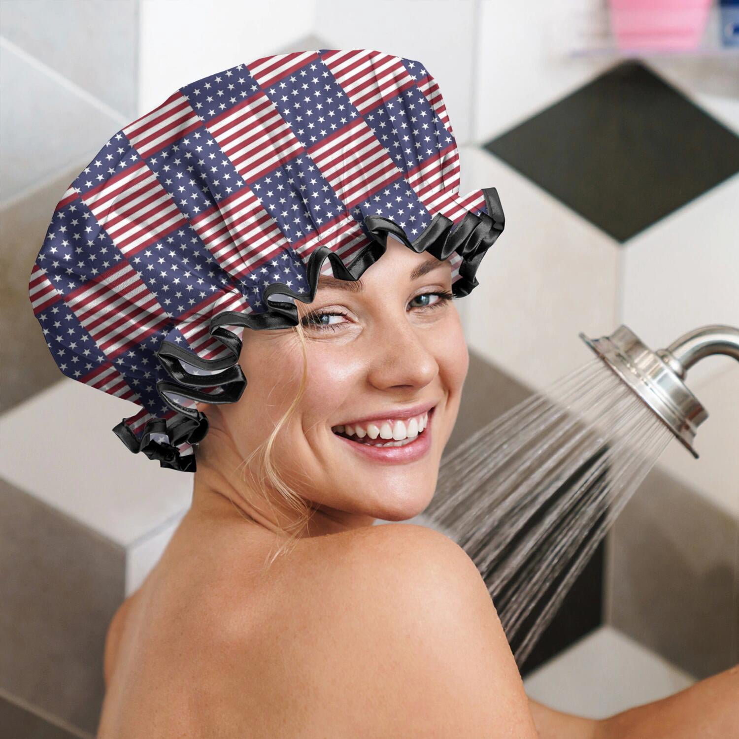 Shower Caps,Red White and Blue Star Striped Pattern Waterproof Shower Cap for Women 4 Pieces,Double Reusable Hair Cover for Shower PEVA Elastic Stretch Hem