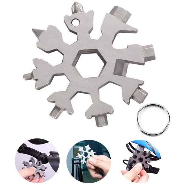 Herramienta multiusos de copo de nieve Whataatahia 18 en 1, portátil, de acero inoxidable, herramienta todopoderosa para viajes diarios, campamentos, aventuras, herramientas de mano multifunción
