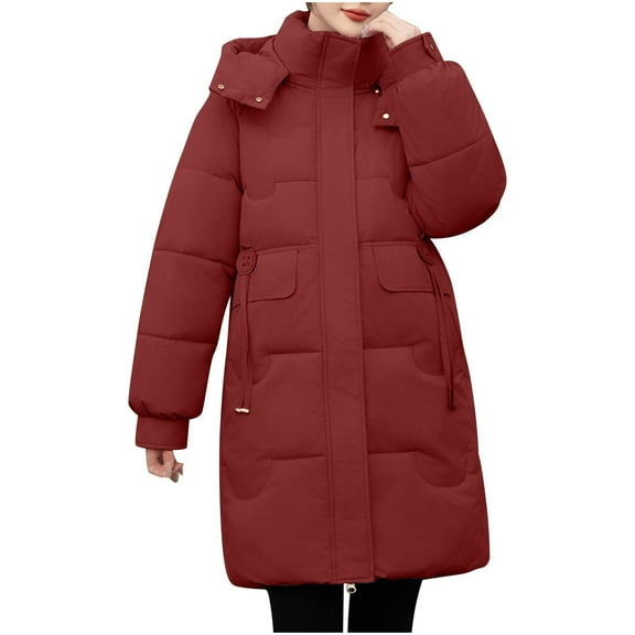 Hvyesh Puffer Coat Women Warm Thicken Mid Length Winter Coats Casual Zipper Hood Puffer Jacket with Pockets Red XXXXL