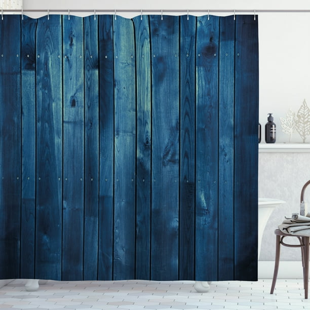 Dark Blue Shower Curtain, Wooden Planks Texture Image Board Floor Wall